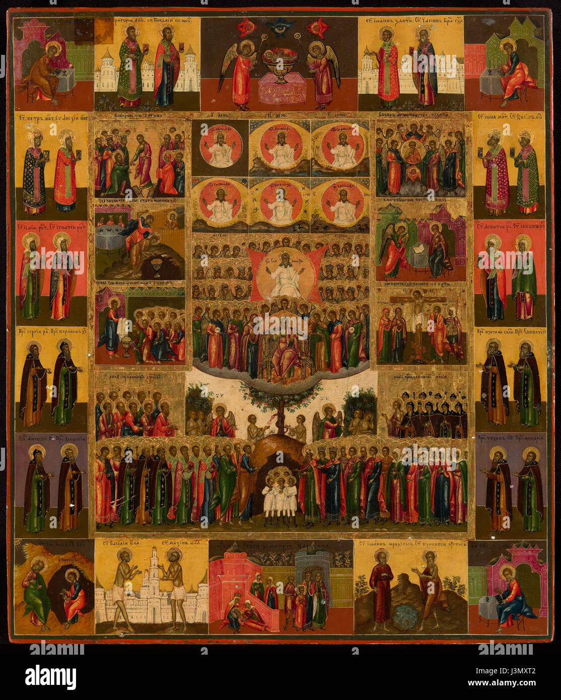 Das Hexameron-Palekh-Symbol aus den 1830er Jahren ist eine traditionelle russisch-orthodoxe religiöse Ikone, die die Schöpfungsgeschichte darstellt, wie sie im Buch Genesis beschrieben wird. Er ist bekannt für seine komplexen Details und leuchtenden Farben. Stockfoto