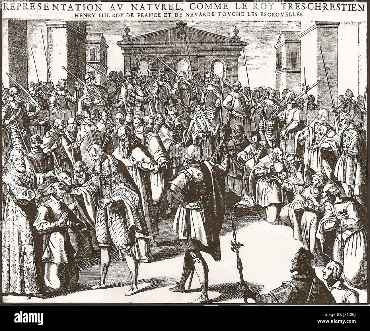 Dieses Kunstwerk zeigt König Heinrich IV. Von Frankreich, bekannt für seine Rolle in der Geschichte und die Legende, die Skrofula zu berühren, ein Ritual, das die Krankheit im Mittelalter heilen soll. Stockfoto