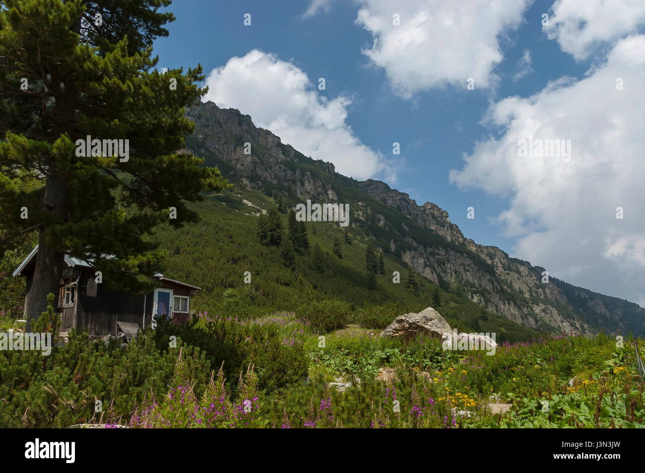 Blick auf alte Rest-Holzhaus, Biwak oder Bungalow von Rest-Haus Maliovitza auf die ökologische Wanderung in Richtung Maliovitza Höhepunkt im Rila-Gebirge, Bulgarien Stockfoto