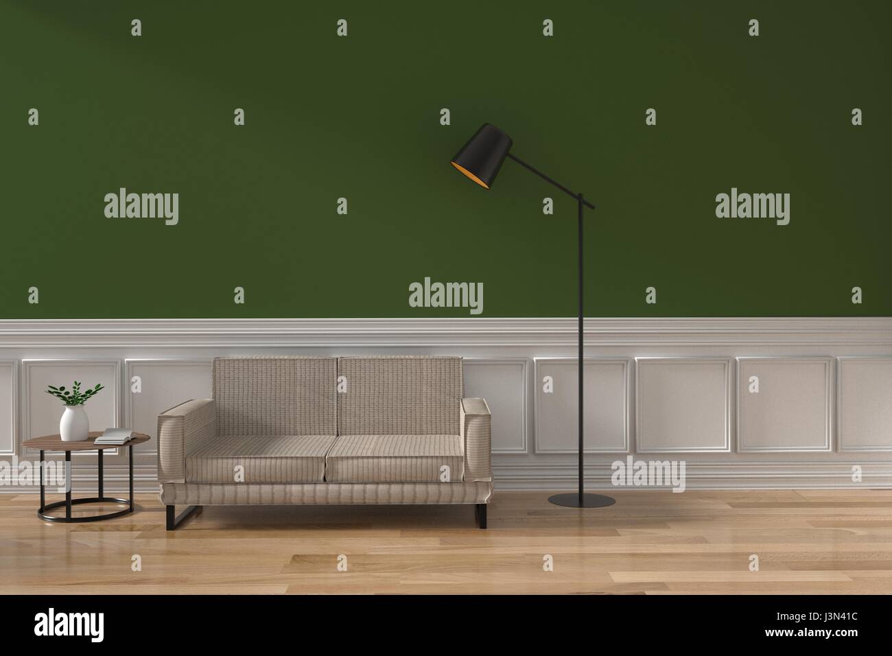 Wohnzimmer in grün und weiß mit lange Sofa und Lampe Design im Zimmer in 3D-Rendering Stockfoto