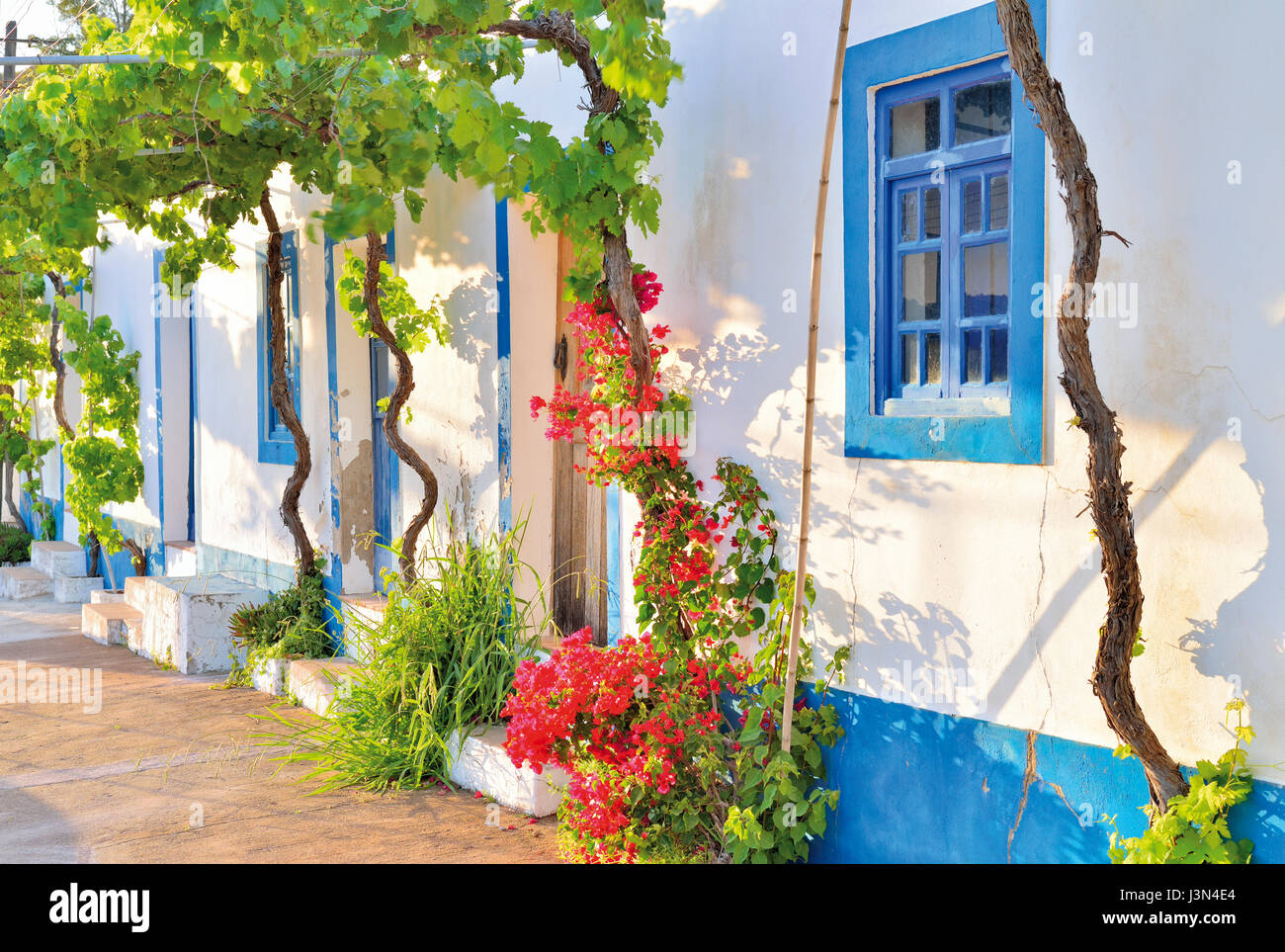 Malerisches Landhaus mit blauen Fensterrahmen und Blumen schmücken die Türen Stockfoto