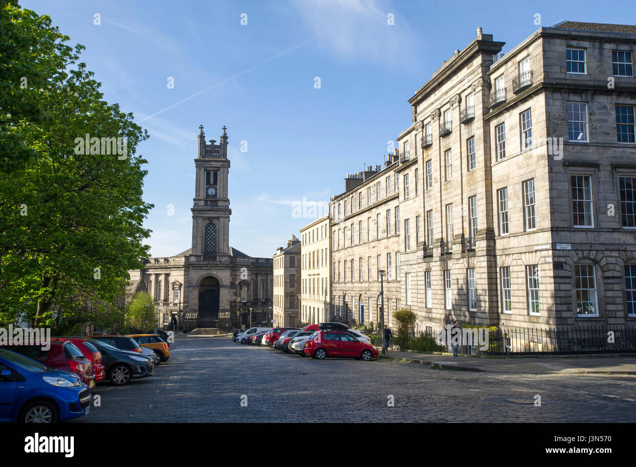 St Vincent Street in Edinburghs Neustadt, Blick in Richtung St. Stephens Kirche Stockbridge. Stockfoto