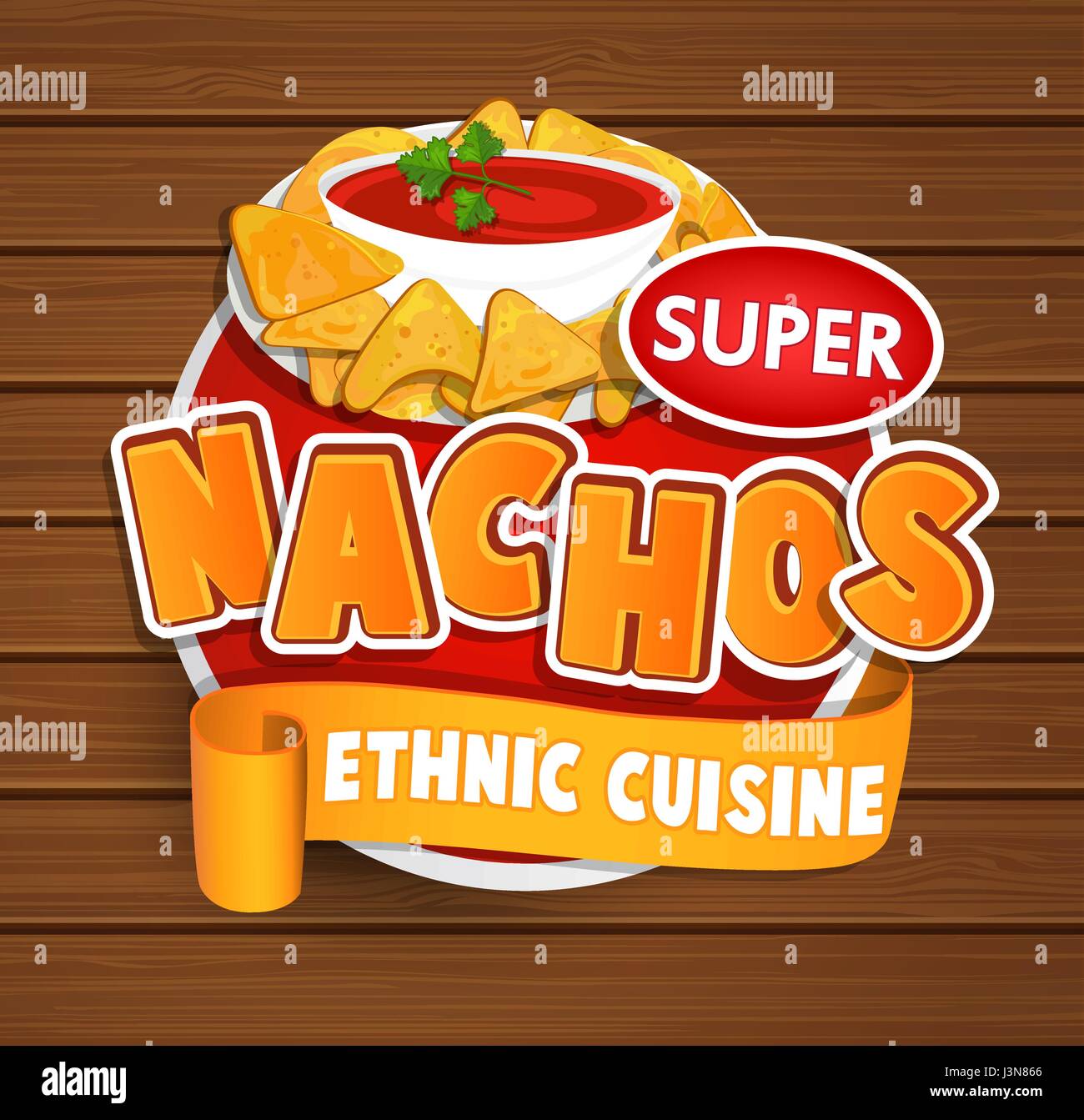 Nachos ethnische Küche Logo und Essen Beschriftung oder Aufkleber. Konzept der mexikanischen Küche, traditionelle Produktdesign für Geschäfte, Märkte. Vektor-Illustration. Stock Vektor