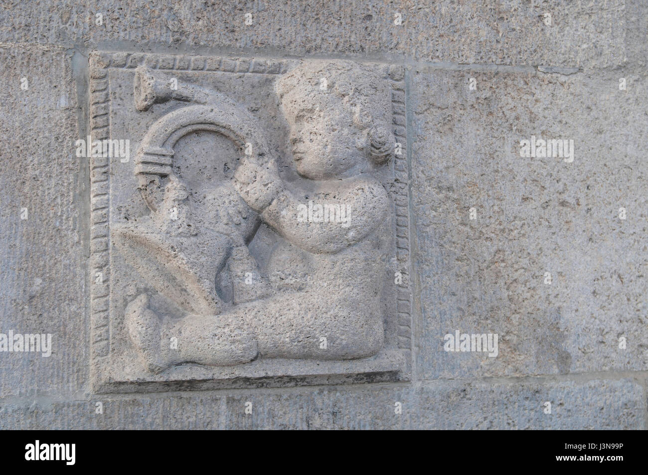 Junge mit Post horn, Altstadt, Rothenburg, Taubertal, Mittel-Franken, Franken, Bayern, Deutschland Stockfoto