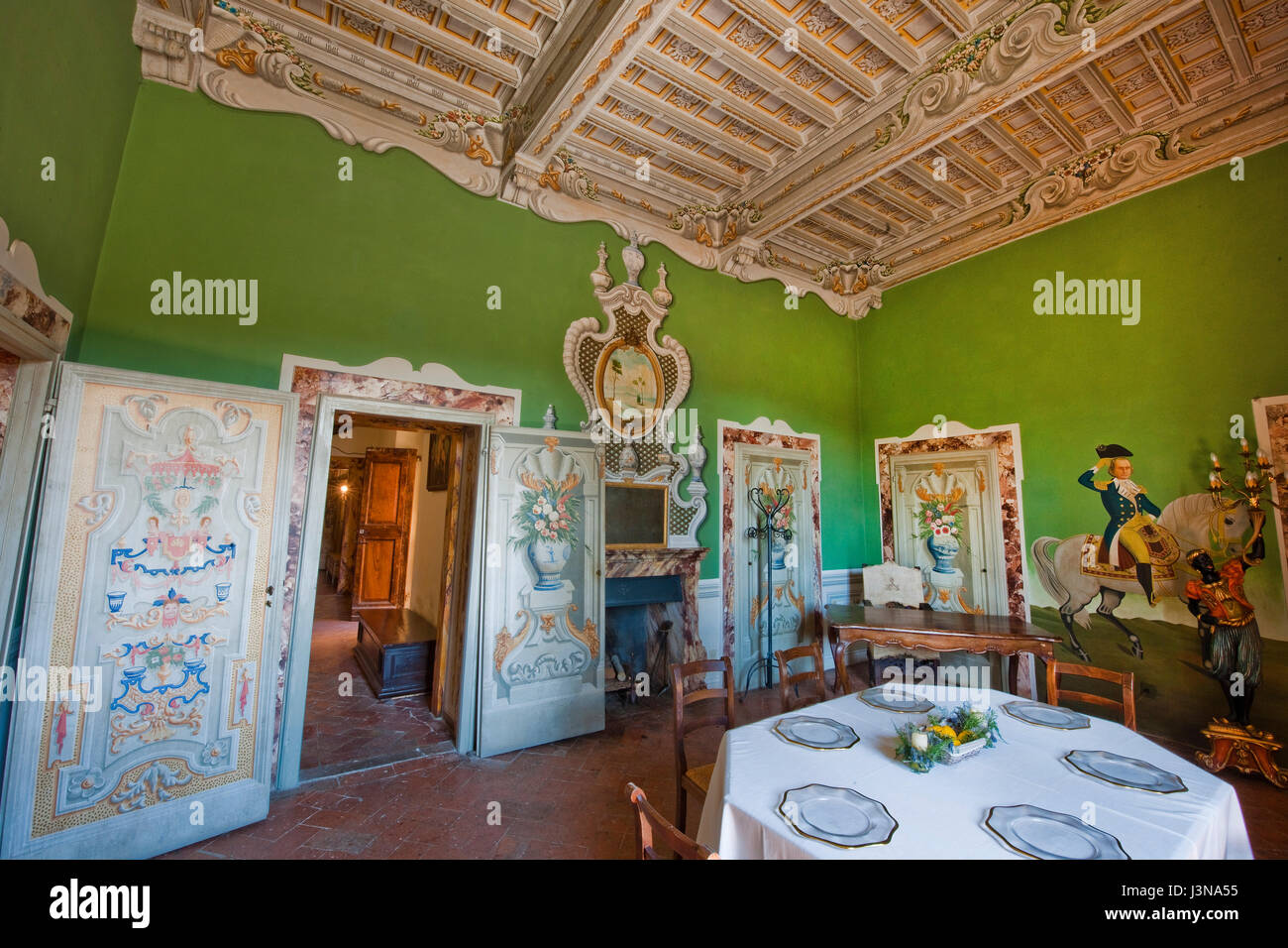 Castello di Meleto, Burg von Meleto, Burg aus dem 11. Jahrhundert, Esszimmer, Massellone Tal, Gaiole In Chianti, Siena, Toskana, Italien, Europa Stockfoto