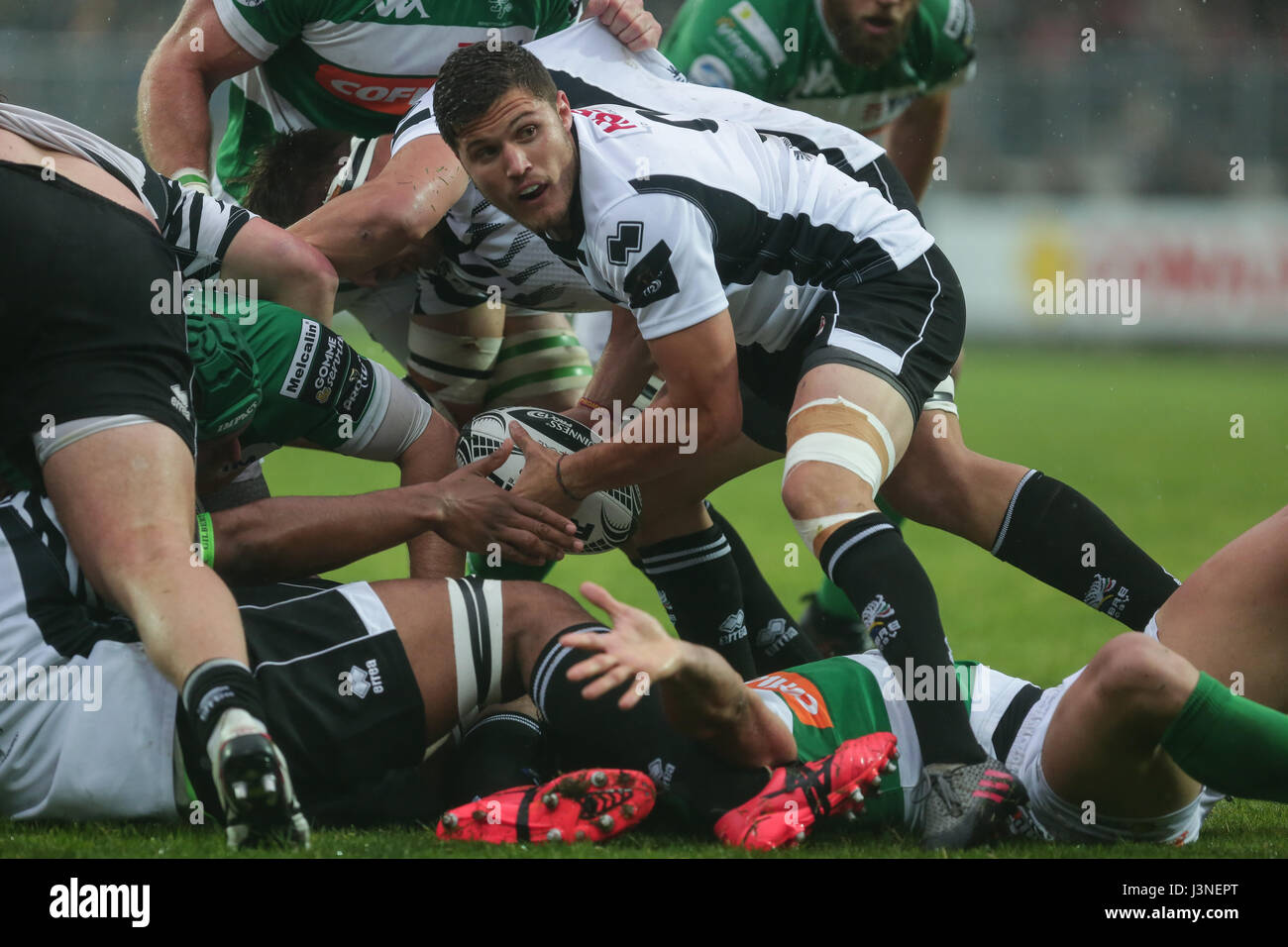 Parma,Italy.06th Mai 2017. Die ZEBRE Scrum ist halbe Marcello Violi bereit, den Ball im Spiel gegen Benetton in Guinness Pro12 © Massimiliano Carnabuci/Alamy Nachrichten Stockfoto