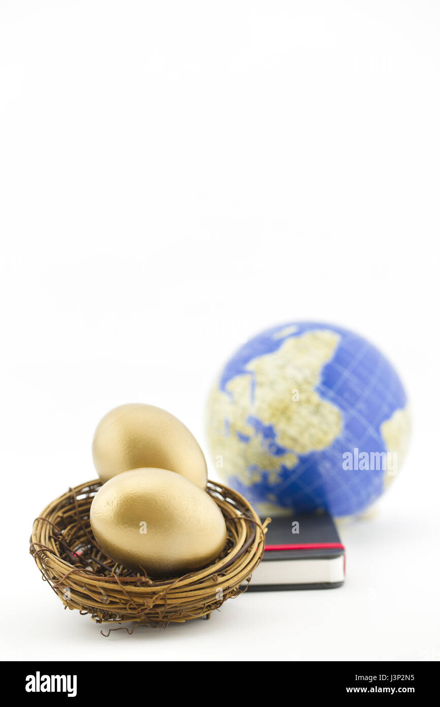 Konzept der weltweiten Erfolg, Gewinn und Erfolg im Mittelpunkt, gold Nest Ei gelegt mit Journal und Globus gesehen. Stockfoto