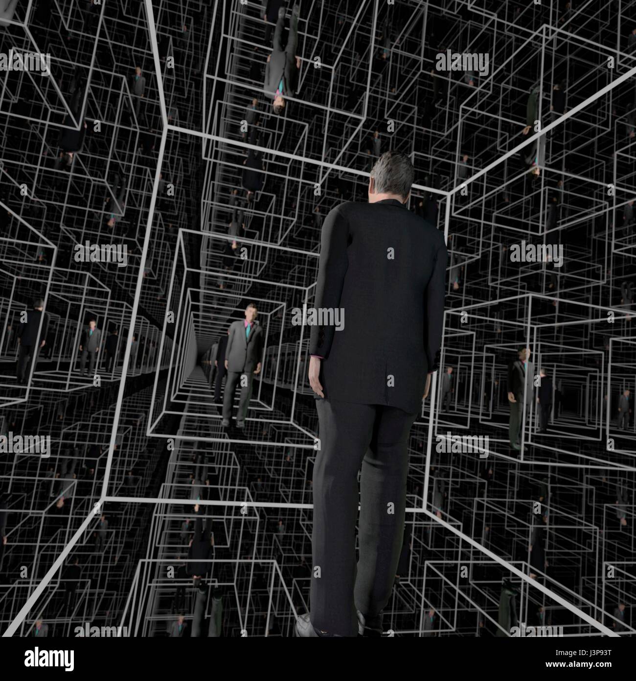 Identische Männer in eine Matrix-Struktur der Kabinen, schien endlos zu sein. Full-CGI (einschließlich menschliche Figuren) Stockfoto