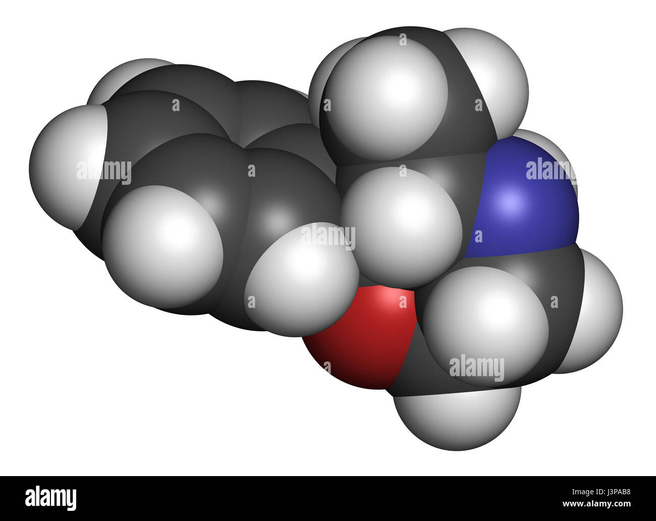 Phenmetrazine Stimulans Wirkstoffmolekül (Amphetamin-Klasse). Als Stimulans und Appetit Suppressant verwendet. Atome sind als Kugeln mit freigemessen vertreten. Stockfoto