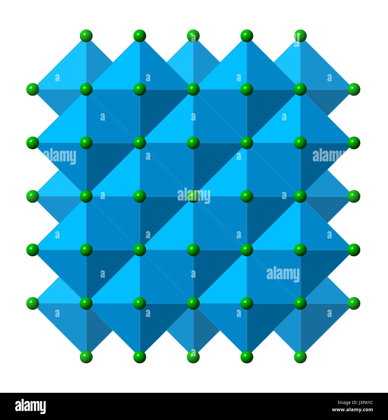 Natriumchlorid (Kochsalz, Steinsalz, Halit), Kristallstruktur. Atome als farbkodierten Sphären & Polyeder (Na, blau; CL, grün). Stockfoto