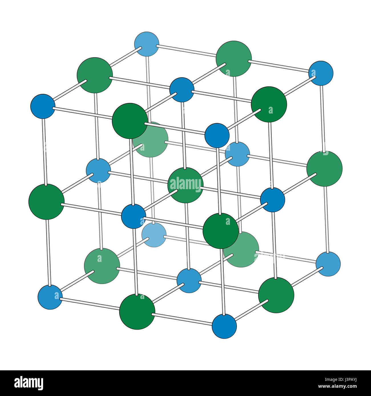Natriumchlorid (Kochsalz, Steinsalz, Halit), Kristallstruktur. Atome als farbkodierten Sphären (Na, blau; CL, grün). Elementarzelle. Stockfoto