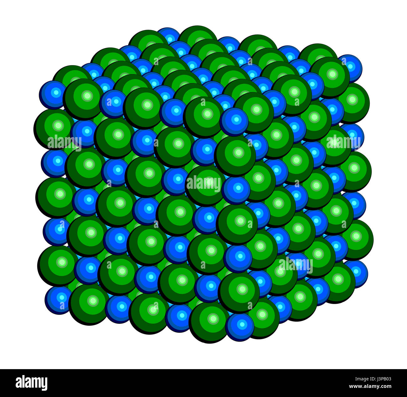 Natriumchlorid (Kochsalz, Steinsalz, Halit), Kristallstruktur. Atome als farbkodierten Sphären (Na, blau; CL, grün). Stockfoto