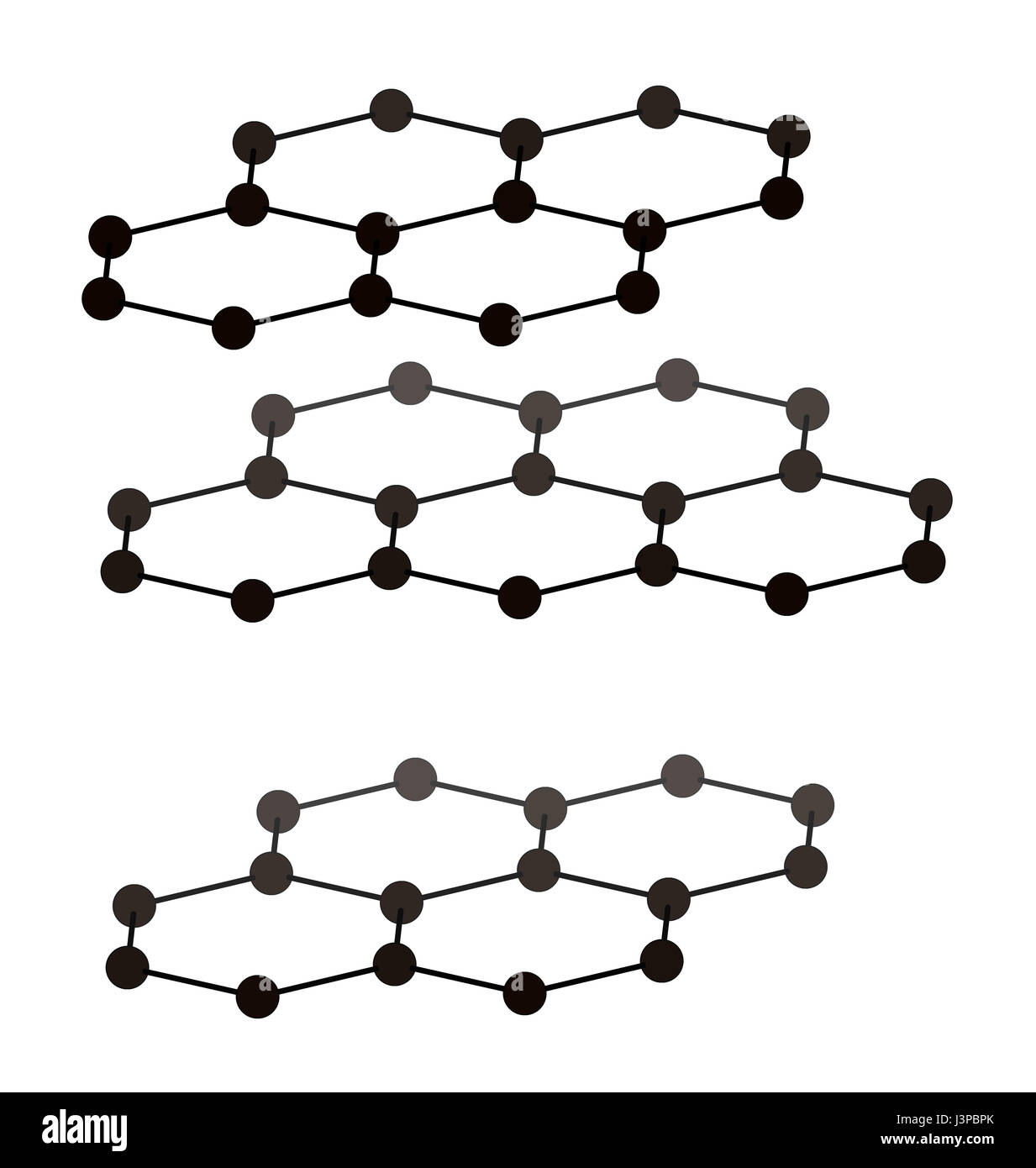 Graphit, Kristallstruktur. Auch bekannt als Bleistiftmine. Atome aus 3 Schichten werden angezeigt, um Layer zu stapeln zu veranschaulichen. Stockfoto