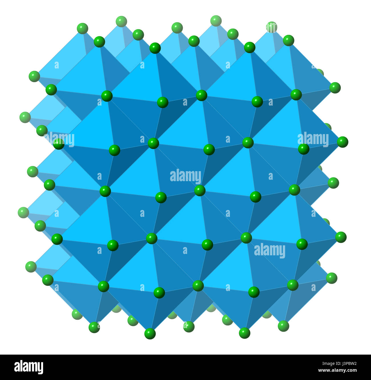 Natriumchlorid (Kochsalz, Steinsalz, Halit), Kristallstruktur. Atome als farbkodierten Sphären & Polyeder (Na, blau; CL, grün). Stockfoto