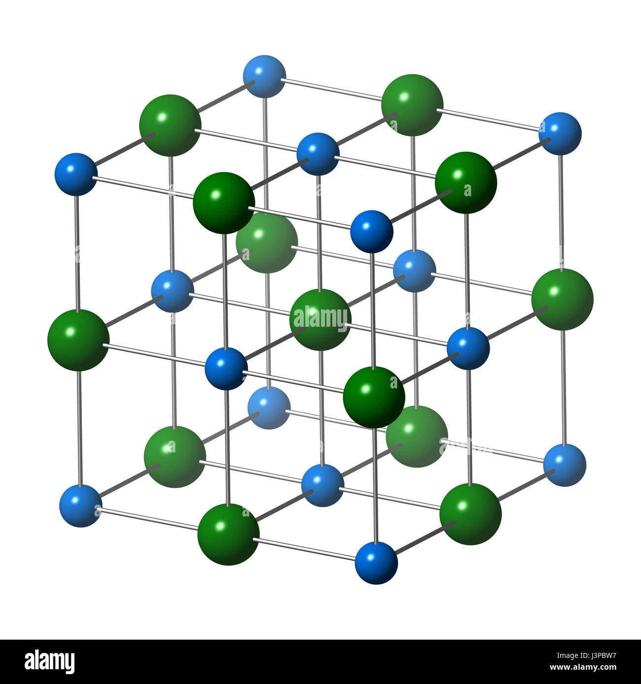 Natriumchlorid (Kochsalz, Steinsalz, Halit), Kristallstruktur. Atome als farbkodierten Sphären (Na, blau; CL, grün). Elementarzelle. Stockfoto