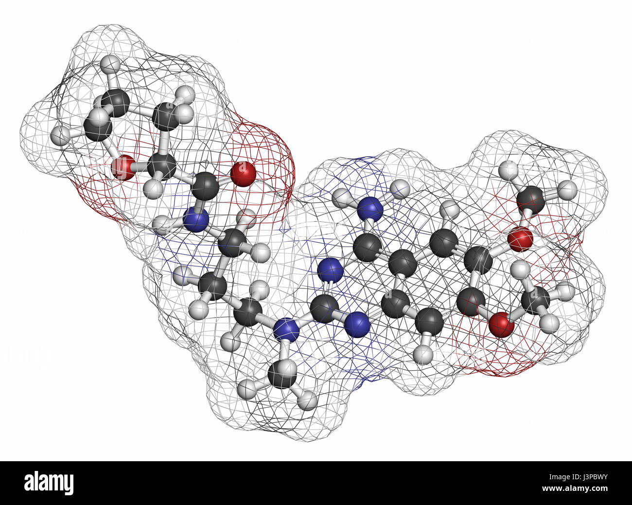 Alfuzosin Wirkstoffmolekül benigne Prostata-Hyperplasie (BPH). Atome sind als Kugeln mit konventionellen Farbcodierung vertreten: Wasserstoff (weiß), Kohlenstoff () Stockfoto