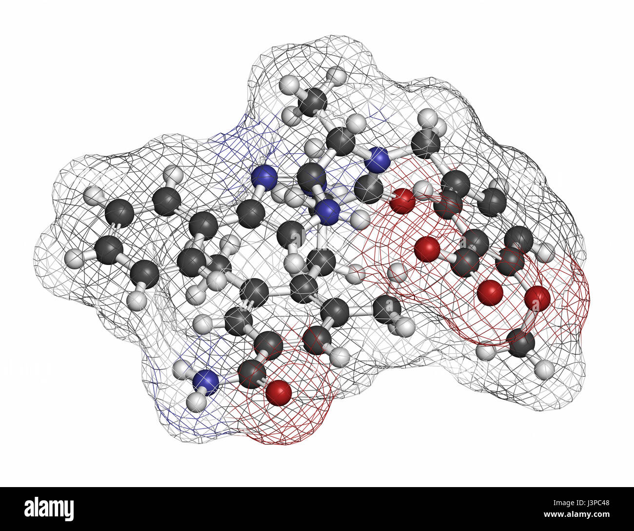 Eluxadoline Reizdarm-Syndrom (IBS) Wirkstoffmolekül. Atome sind als Kugeln mit konventionellen Farbcodierung vertreten: Wasserstoff (weiß), Kohlenstoff (g Stockfoto