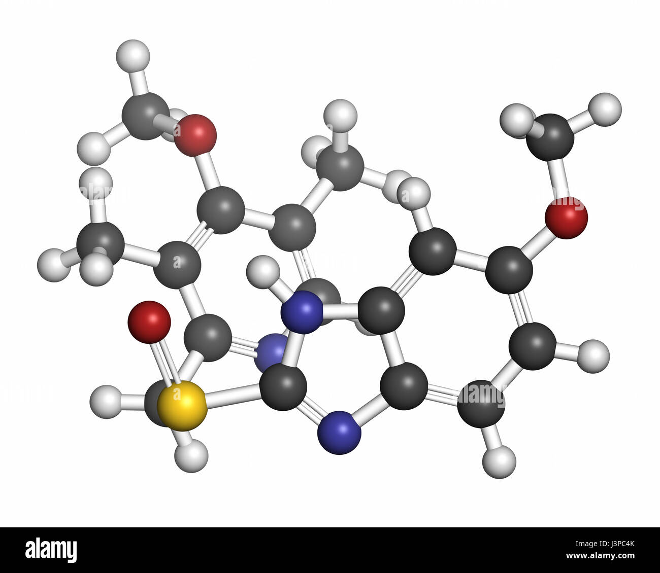 Esomeprazol Magengeschwür Wirkstoffmolekül (Protonenpumpenhemmer). Atome sind als Kugeln mit konventionellen Farbcodierung vertreten: Wasserstoff (weiß), ca Stockfoto