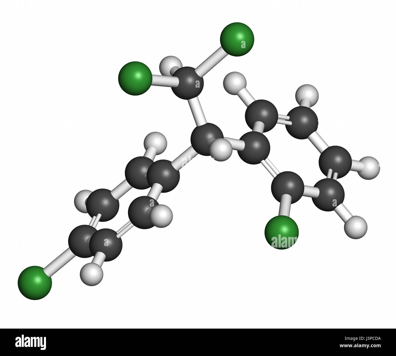 Mitotan Krebs Wirkstoffmolekül. Atome sind als Kugeln mit konventionellen Farbcodierung vertreten: Wasserstoff (weiß), Kohlenstoff (grau), Chlor (grün). Stockfoto