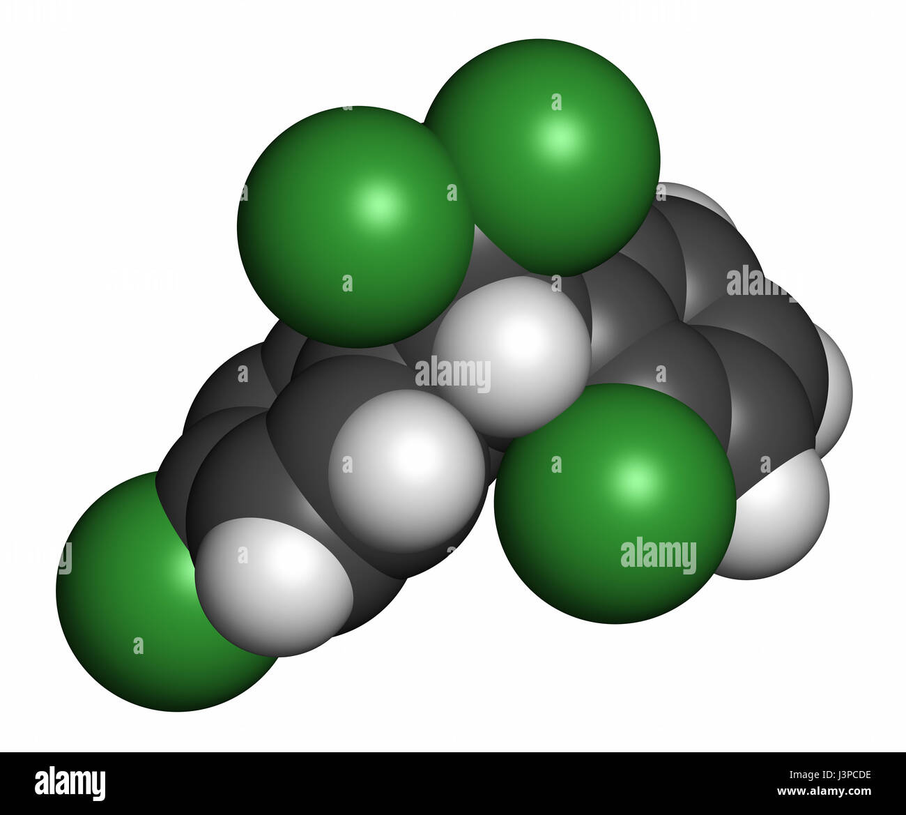 Mitotan Krebs Wirkstoffmolekül. Atome sind als Kugeln mit konventionellen Farbcodierung vertreten: Wasserstoff (weiß), Kohlenstoff (grau), Chlor (grün). Stockfoto