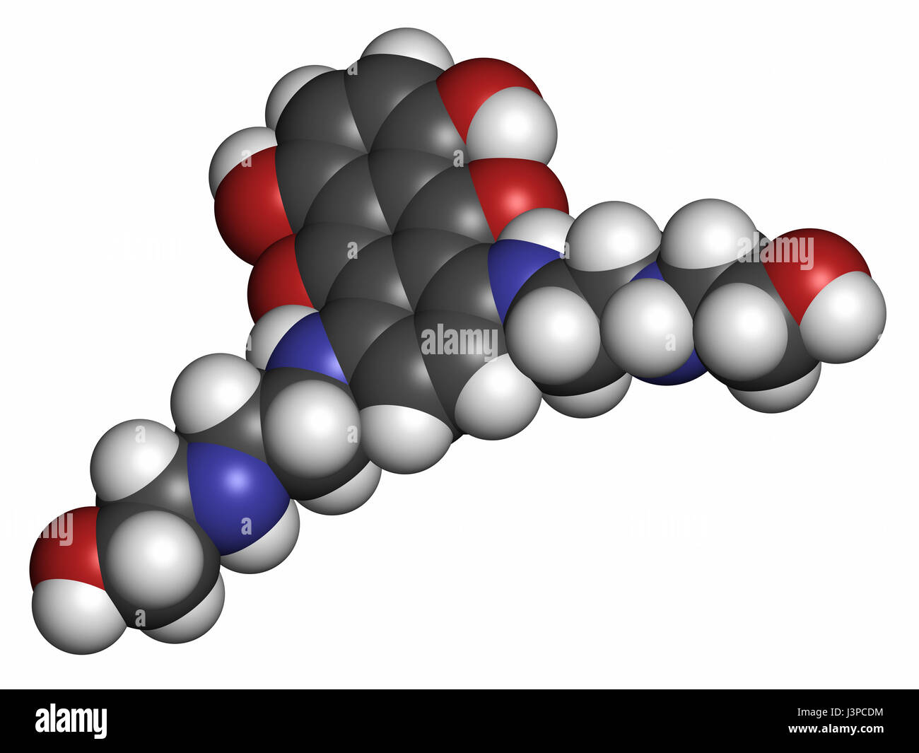 Mitoxantron Krebs Wirkstoffmolekül (Typ II Topoisomerase-Hemmer). Atome sind als Kugeln mit konventionellen Farbcodierung vertreten: Wasserstoff (weiß) Stockfoto