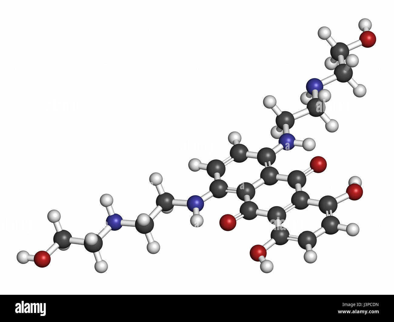 Mitoxantron Krebs Wirkstoffmolekül (Typ II Topoisomerase-Hemmer). Atome sind als Kugeln mit konventionellen Farbcodierung vertreten: Wasserstoff (weiß) Stockfoto