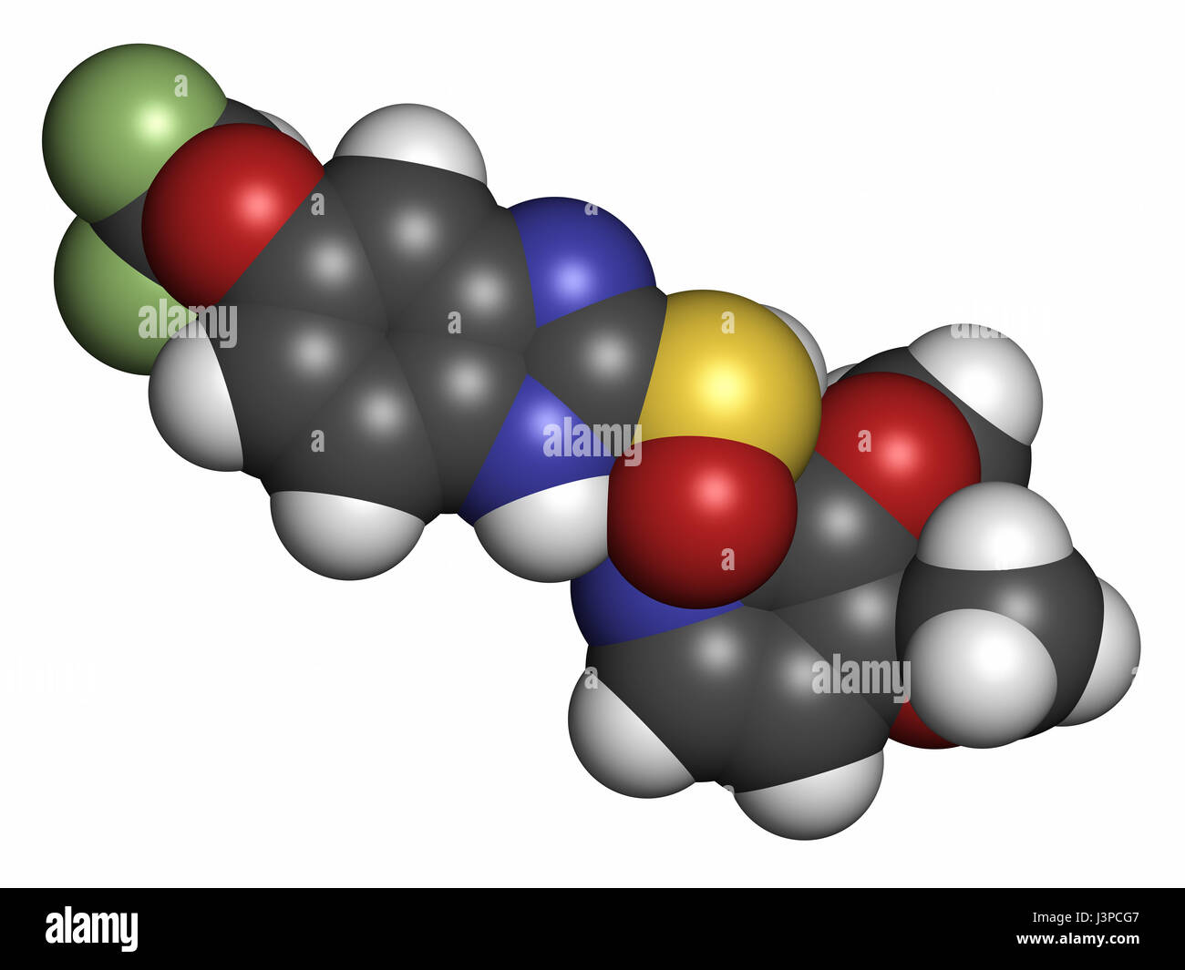 Pantoprazol Magengeschwür Wirkstoffmolekül (Protonenpumpenhemmer). Atome sind als Kugeln mit konventionellen Farbcodierung vertreten: Wasserstoff (weiß), c Stockfoto