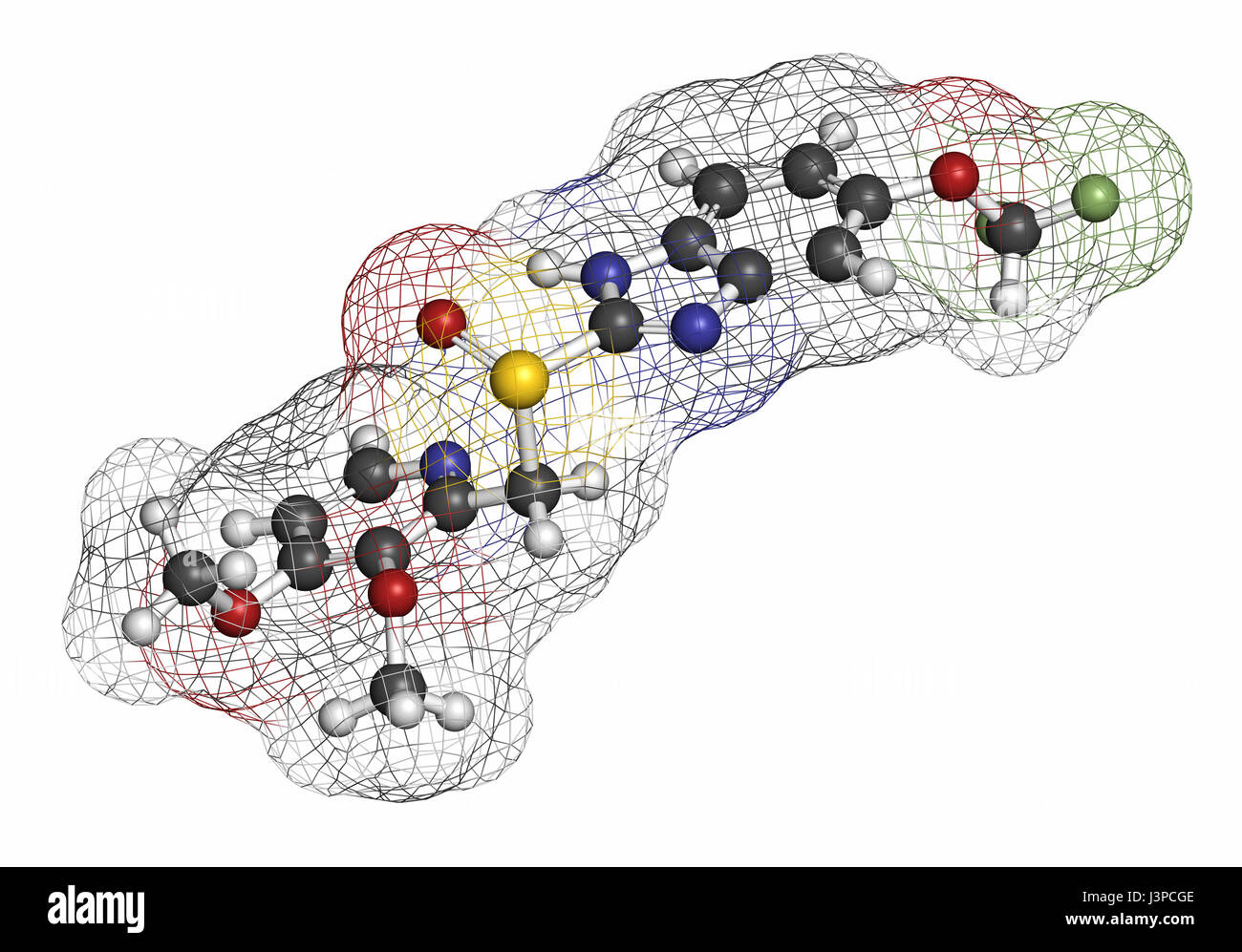 Pantoprazol Magengeschwür Wirkstoffmolekül (Protonenpumpenhemmer). Atome sind als Kugeln mit konventionellen Farbcodierung vertreten: Wasserstoff (weiß), c Stockfoto