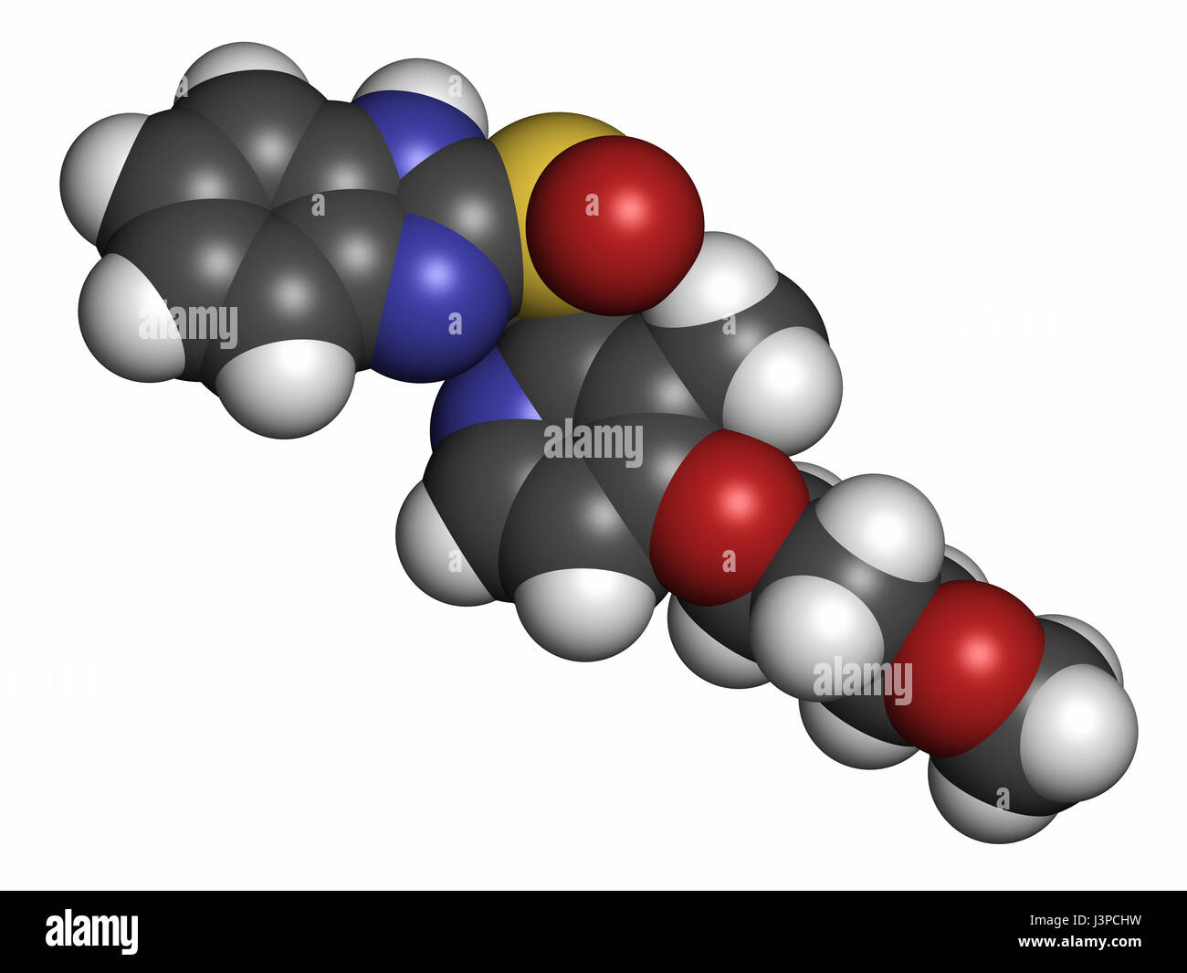 Rabeprazole Magengeschwür Wirkstoffmolekül (Protonenpumpenhemmer). Atome sind als Kugeln mit konventionellen Farbcodierung vertreten: Wasserstoff (weiß), ca Stockfoto