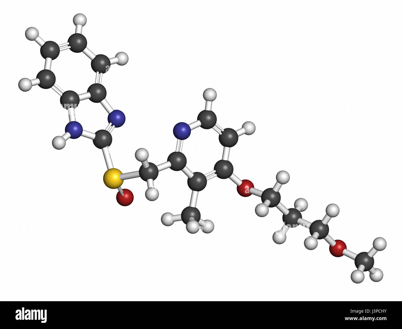 Rabeprazole Magengeschwür Wirkstoffmolekül (Protonenpumpenhemmer). Atome sind als Kugeln mit konventionellen Farbcodierung vertreten: Wasserstoff (weiß), ca Stockfoto