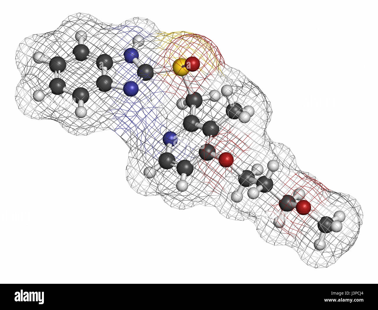 Rabeprazole Magengeschwür Wirkstoffmolekül (Protonenpumpenhemmer). Atome sind als Kugeln mit konventionellen Farbcodierung vertreten: Wasserstoff (weiß), ca Stockfoto