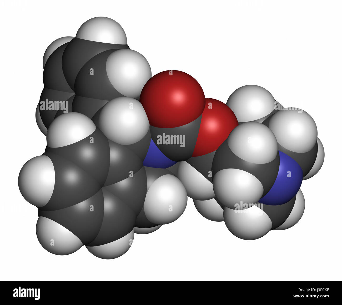 Solifenacin überaktive Blase Wirkstoffmolekül. Atome sind als Kugeln mit konventionellen Farbcodierung vertreten: Wasserstoff (weiß), Kohlenstoff (grau), Sauerstoff Stockfoto
