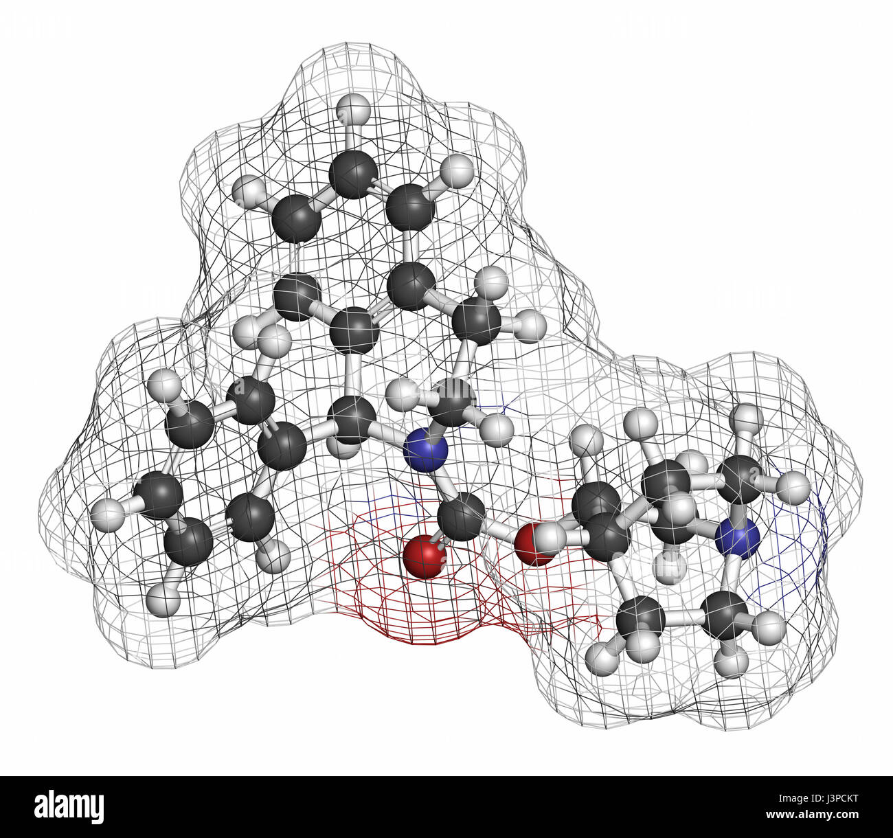 Solifenacin überaktive Blase Wirkstoffmolekül. Atome sind als Kugeln mit konventionellen Farbcodierung vertreten: Wasserstoff (weiß), Kohlenstoff (grau), Sauerstoff Stockfoto