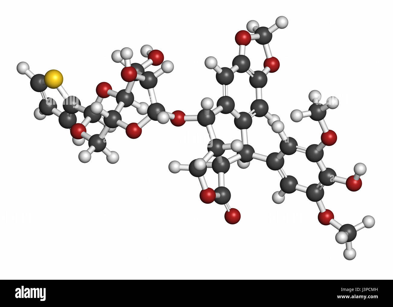 Teniposide Krebs Wirkstoffmolekül (Topoisomerase-II-Hemmer). Atome sind als Kugeln mit konventionellen Farbcodierung vertreten: Wasserstoff (weiß), Carbo Stockfoto