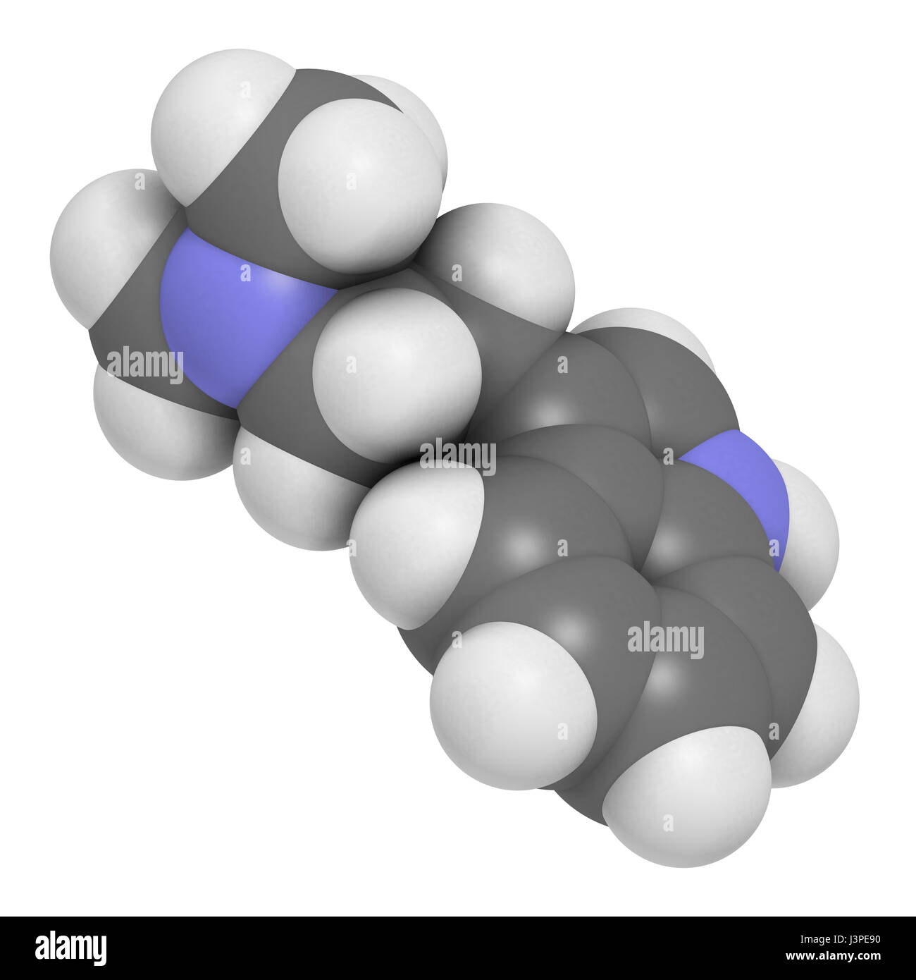 Dimethyltryptamin (DMT) psychedelische Droge Molekül. Das Getränk Ayahuasca zu präsentieren. Atome sind als Kugeln mit konventionellen Farbcodierung vertreten: h Stockfoto