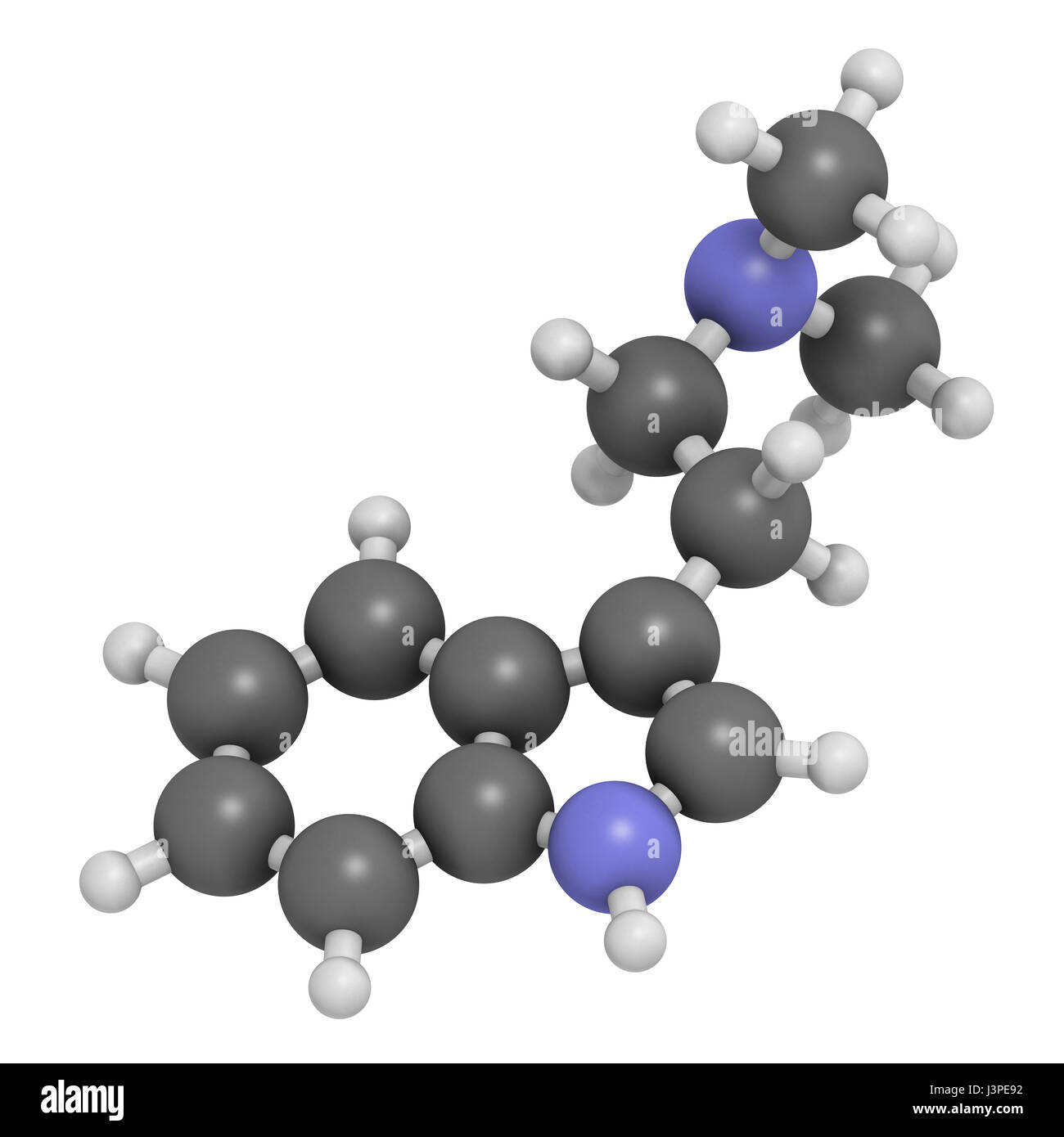 Dimethyltryptamin (DMT) psychedelische Droge Molekül. Das Getränk Ayahuasca zu präsentieren. Atome sind als Kugeln mit konventionellen Farbcodierung vertreten: h Stockfoto
