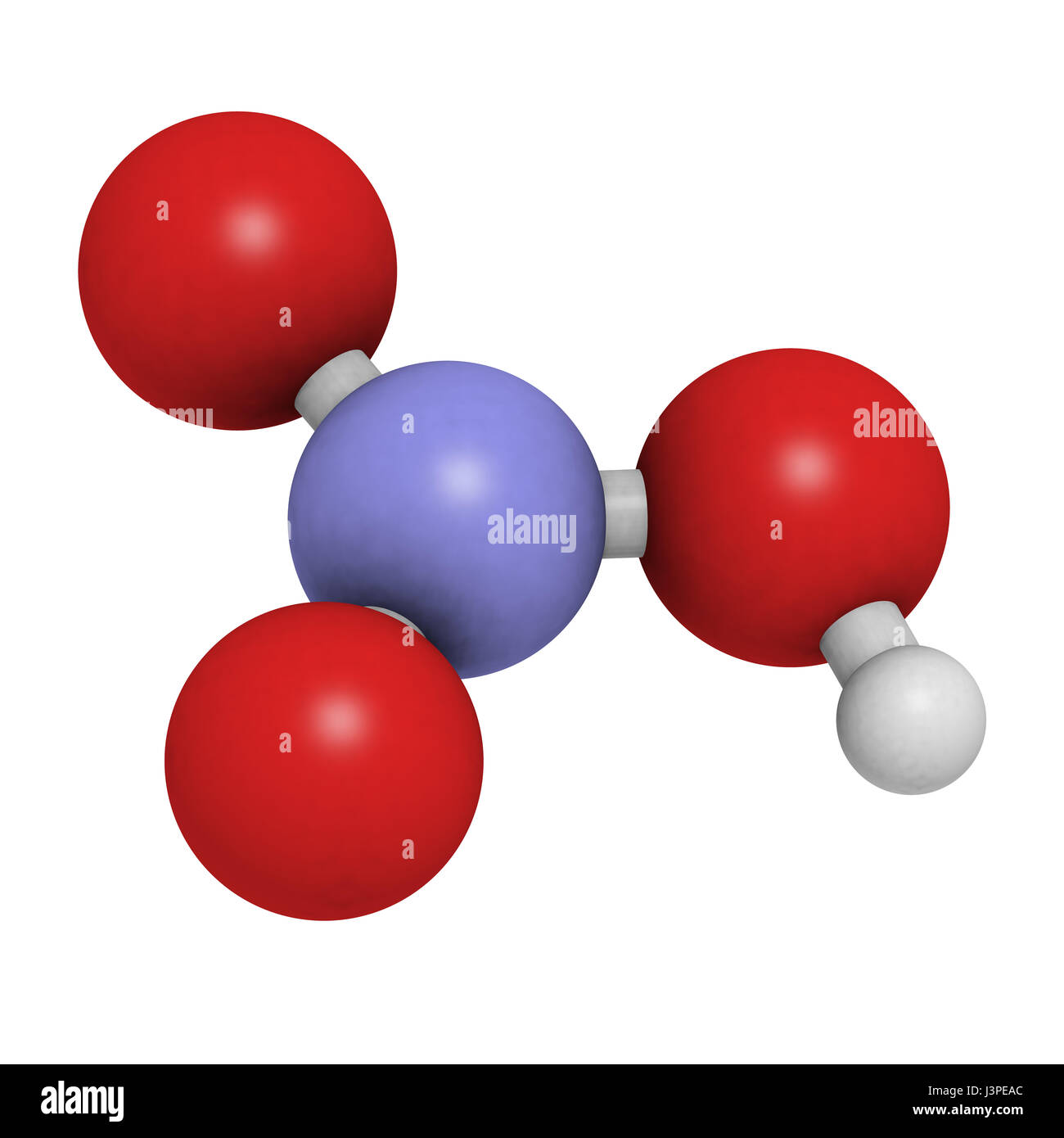 Salpetersäure (HNO3) starken mineralischen Säure Molekül. In der Produktion von Dünger und Sprengstoffen verwendet. Atome werden als Kugeln mit konventionellen c dargestellt. Stockfoto