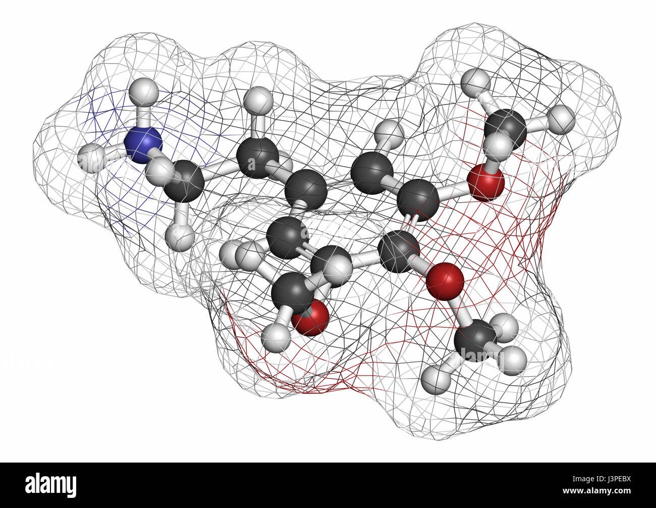 Meskalin Peyote Kaktus psychedelischen Molekül. Atome sind als Kugeln mit konventionellen Farbcodierung vertreten: Wasserstoff (weiß), Kohlenstoff (grau), Sauerstoff Stockfoto