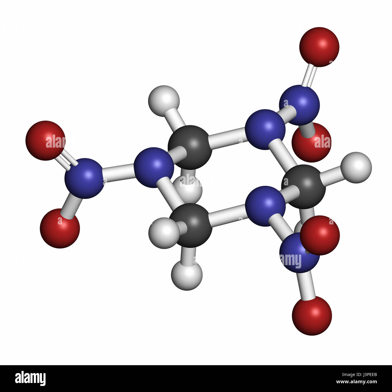 RDX (Cyclotrimethylenetrinitramine) explosive Molekül. Atome sind als Kugeln mit konventionellen Farbcodierung vertreten: Wasserstoff (weiß), Kohlenstoff (Gre Stockfoto