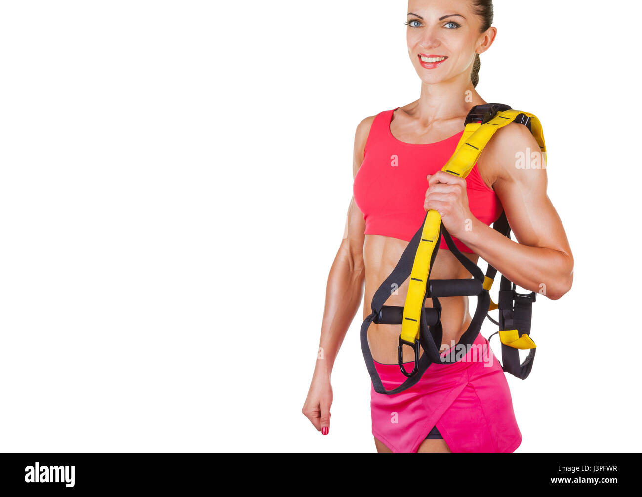 Junge Frau mit Aufhängung isoliert auf weißem Hintergrund Stockfoto