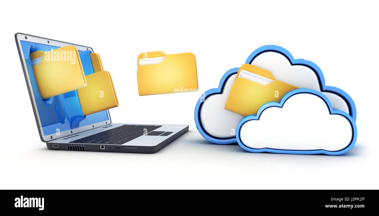 Laptop und Fliege Dateien in der Cloud. 3D illustration Stockfoto