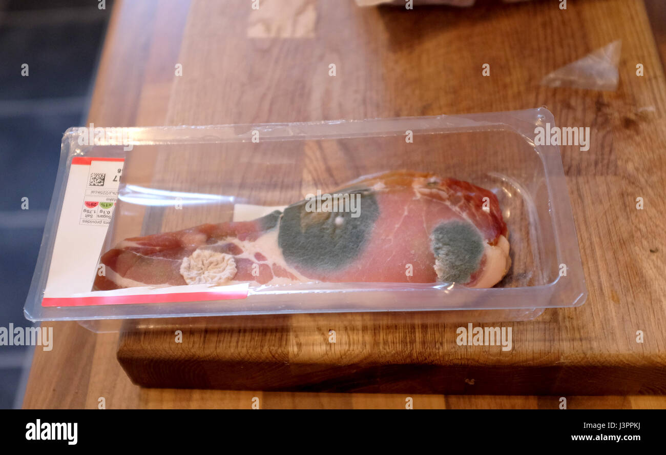 Shop gekauften Speck, die erloschen ist und wandte sich verschimmelte nach Verfallsdatum abgelaufen Stockfoto