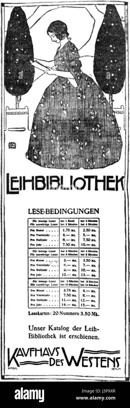 Die Werbung aus dem Jahr 1907 wirbt für die Leihbibliothek im KaDeWe, einem berühmten Kaufhaus in Berlin. Die Bibliothek bot Anfang des 20. Jahrhunderts eine große Auswahl an Büchern an. Stockfoto