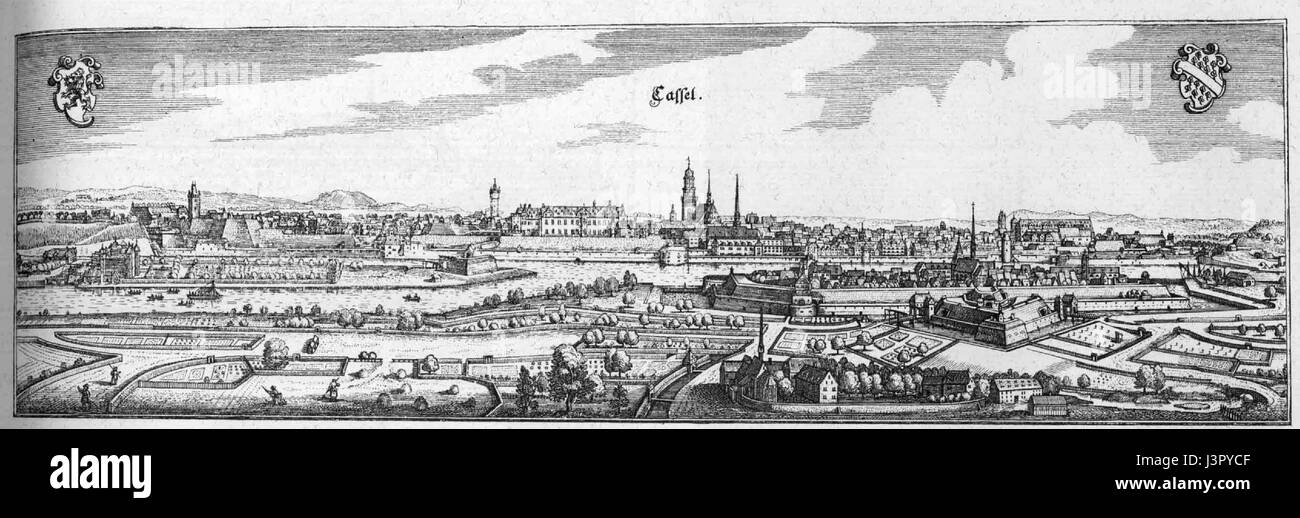 Das Bild „Kassel 2 de Merian Hassiae“ bezieht sich auf eine historische Karte oder Illustration von Kassel in Hessen. Es ist Teil einer Serie von MatthÃ¤US Merian, die die Landschaft und städtische Entwicklung der Region im 17. Jahrhundert dokumentiert. Stockfoto
