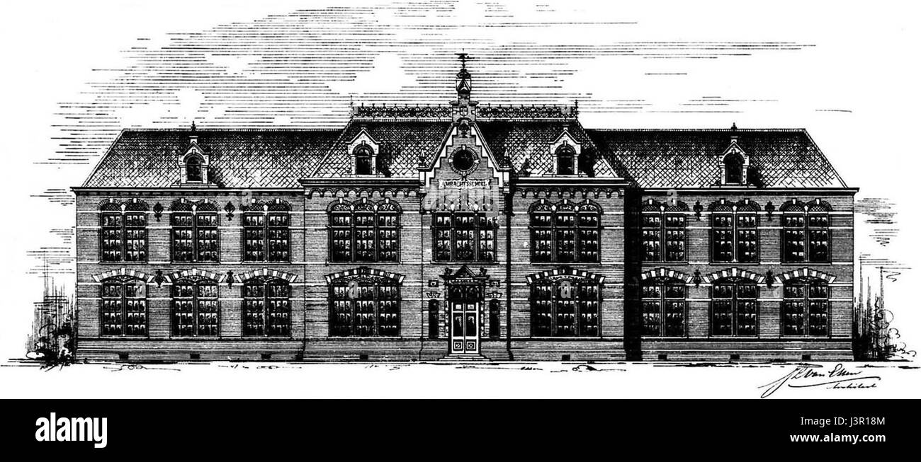 J.L. van Essen Ambachtsschool ist eine Berufsschule in Zwolle, Niederlande, die für ihren Schwerpunkt auf praktischer Bildung und handwerklichen Fähigkeiten bekannt ist. Die Schule ist eine bedeutende Bildungseinrichtung in der Region und konzentriert sich auf die Entwicklung von handwerklichem und technischem Know-how. Stockfoto