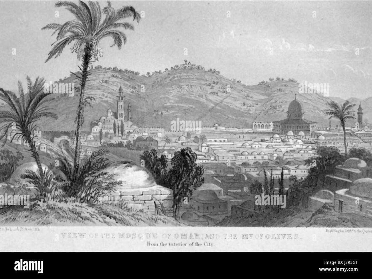 Diese Illustration oder Fotografie aus dem Jahr 1850 zeigt Jerusalem vom Ölberg und bietet einen malerischen und historischen Blick auf die Stadt, einen der bedeutendsten religiösen und kulturellen Orte der Welt. Stockfoto