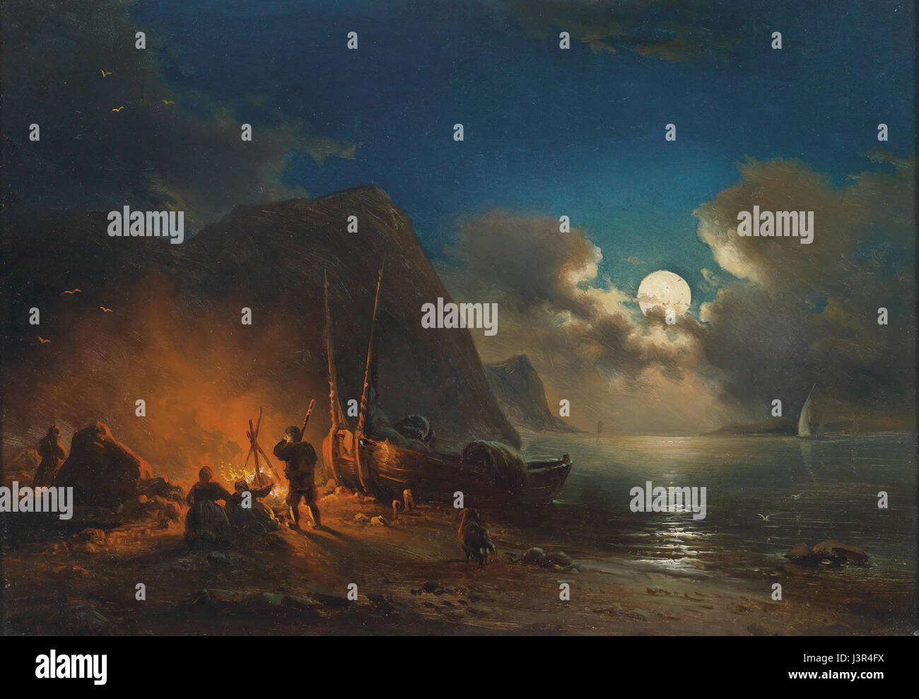 Johann Anton Castellâ Lagerfeuer (1850) zeigt eine Lagerfeuerszene und zeigt sein Können in der Aufnahme von Naturlandschaften und der Wärme des gemeinschaftlichen Lebens im Deutschland des 19. Jahrhunderts. Stockfoto