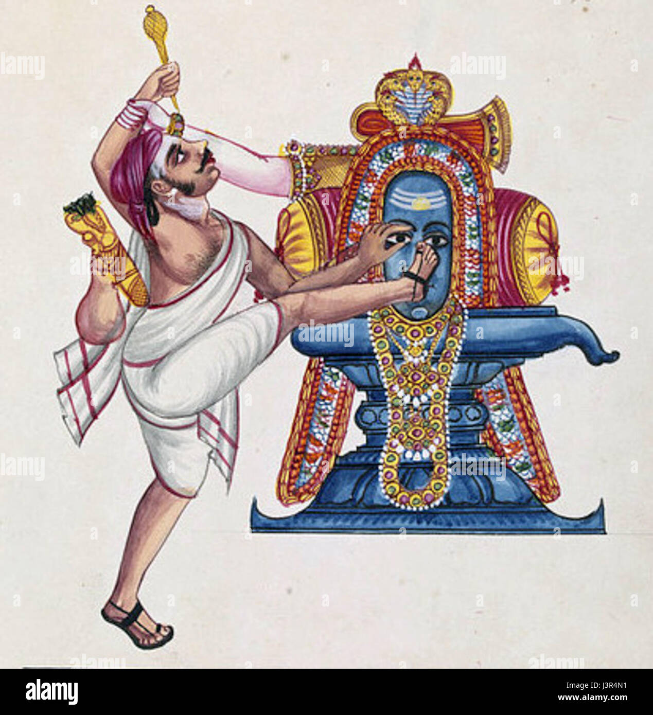 Kannappa, eine verehrte Figur in der hinduistischen Mythologie, ist bekannt für seine Hingabe an Lord Shiva. Er war ein Jäger, der Shiva seine Augen als einen Akt des Glaubens anbot und extreme Hingabe verkörperte. Kannappa wird oft als Symbol für selbstlose Hingabe und Liebe zum Göttlichen dargestellt. Stockfoto