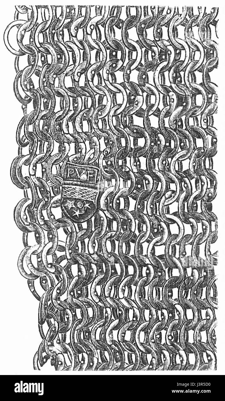 "Kettenhemd Genietetes Maschengeflecht" bezieht sich auf eine Art von Kettenmastpanzer, insbesondere ein genietetes Netz, das in mittelalterlichen Rüstungen verwendet wurde. Sie ist durch miteinander verbundene Metallringe gekennzeichnet, die im Mittelalter häufig verwendet werden. Stockfoto