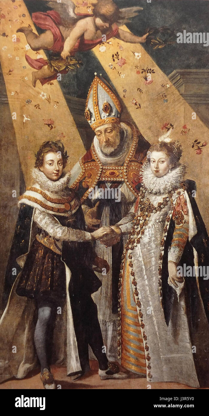Ein historisches Kunstwerk von Jean Chalette, das die Hochzeit Ludwigs XIII. In Toulouse darstellt. Das Stück fängt die königliche Zeremonie mit einem Schwerpunkt auf den beteiligten Figuren ein und hebt die königliche Kleidung und die Pracht der Veranstaltung hervor, die in einem französischen Kontext des 17. Jahrhunderts stattfindet. Stockfoto